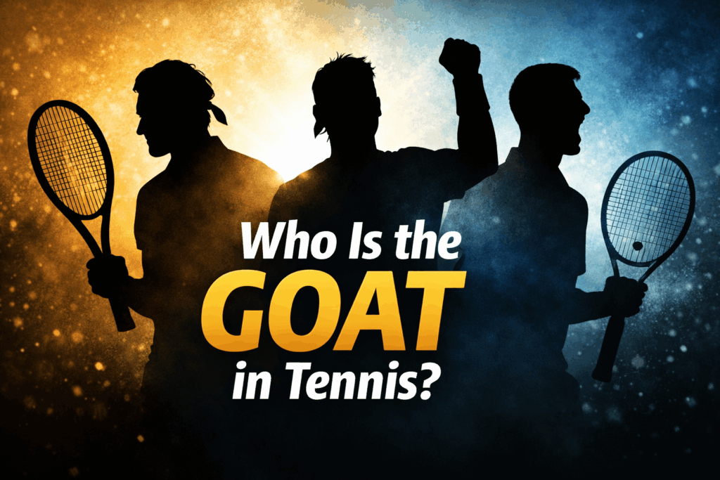 Silhouettes of Roger Federer, Rafael Nadal and Novak Djokovic with text asking who is the GOAT in tennis