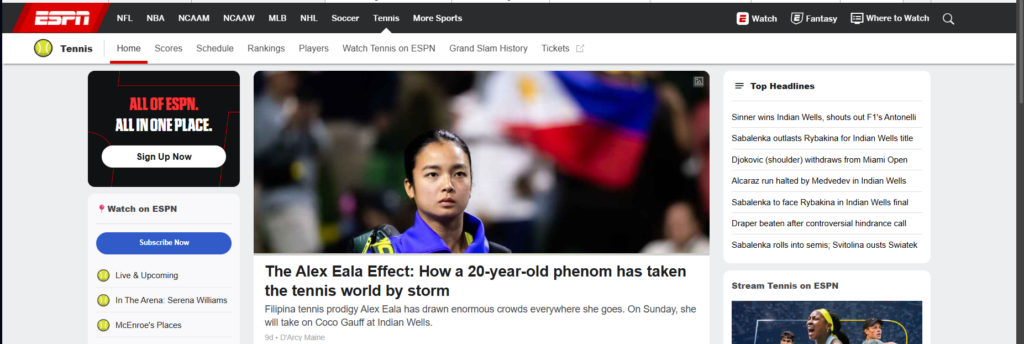 Screenshot from ESPN tennis website