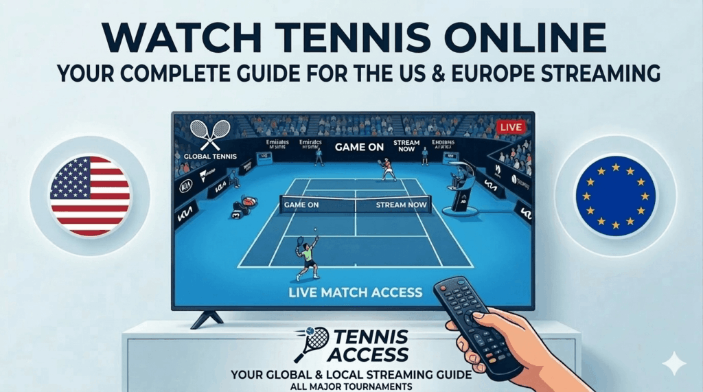 A featured blog image titled "Watch Tennis Online" showing a tennis match on a TV screen with a hand holding a remote control, flanked by the US and European Union flags.