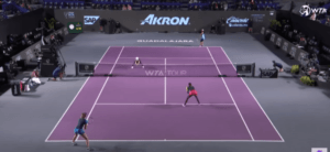 Four players on a tennis court with the server and the returner at the baseline and their partners at the service line.