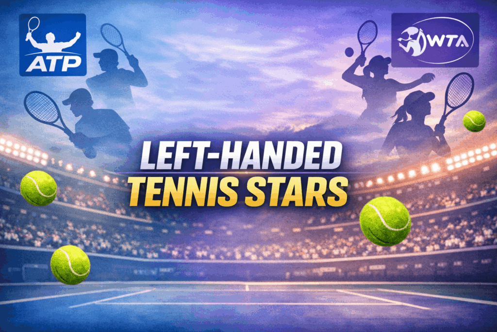 Left-handed tennis players on the ATP and WTA tours shown as silhouettes hitting forehands and serves on a tennis court