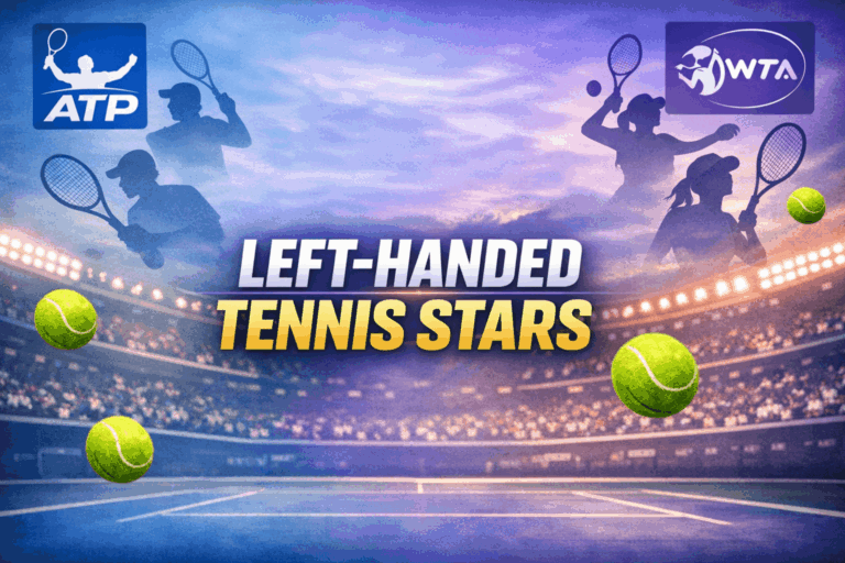 Left-handed tennis players on the ATP and WTA tours shown as silhouettes hitting forehands and serves on a tennis court
