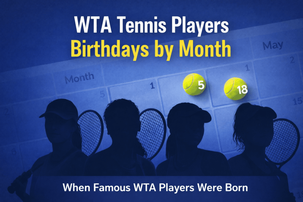 WTA tennis players birthdays by month calendar graphic with female tennis player silhouettes and tennis balls marking dates on a calendar.