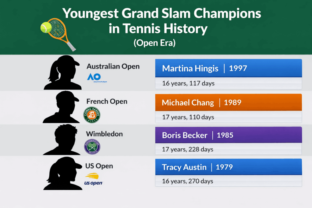 Infographic of the youngest Grand Slam champions in tennis history in the Open Era: Hingis, Chang, Becker, and Austin with their winning ages.