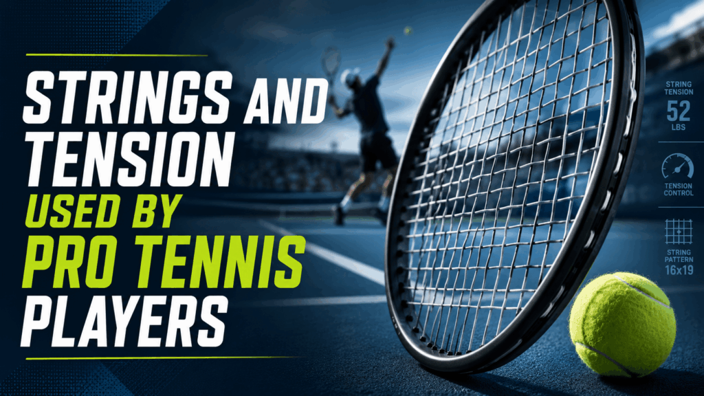 Close-up of a tennis racket and ball showing the strings and tension used by pro tennis players.