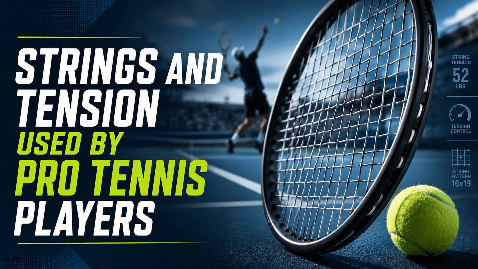 Close-up of a tennis racket and ball showing the strings and tension used by pro tennis players.