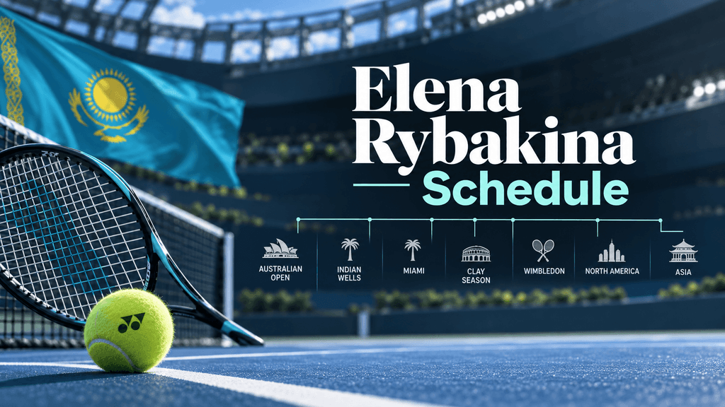 Elena Rybakina schedule with tennis racket, ball and Kazakhstan flag