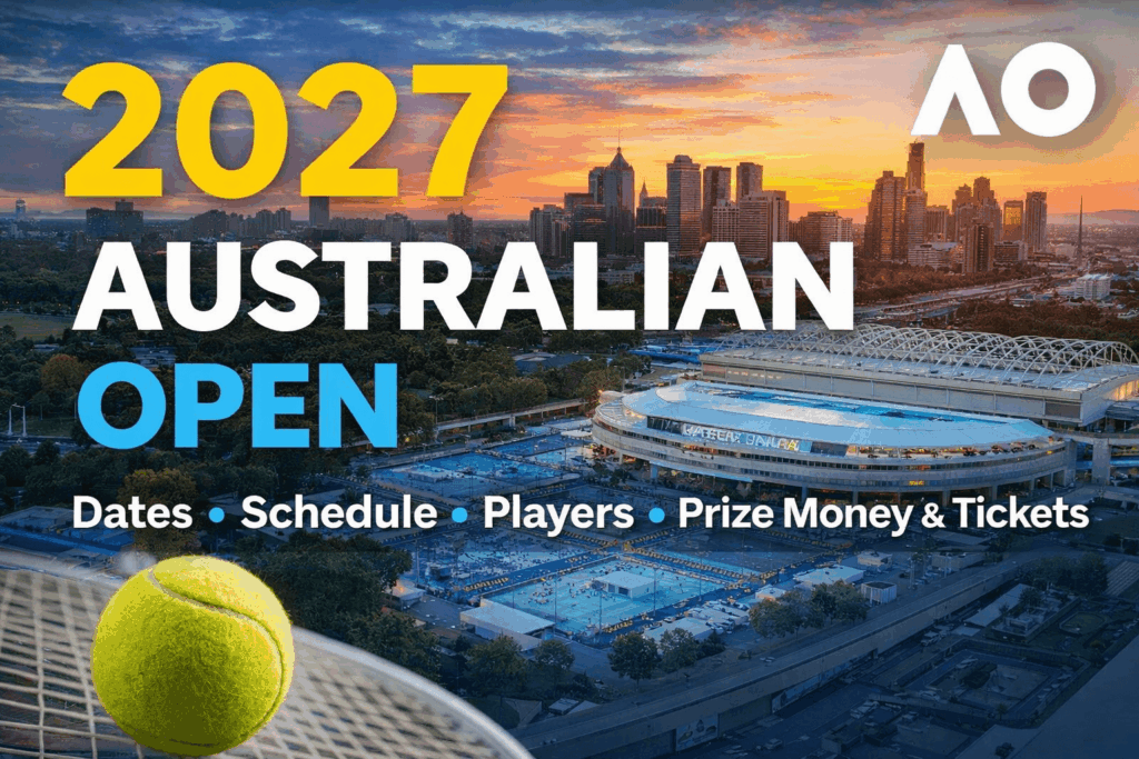 2027 Australian Open guide showing Melbourne Park with Rod Laver Arena and information on schedule, dates, players, prize money and tickets.