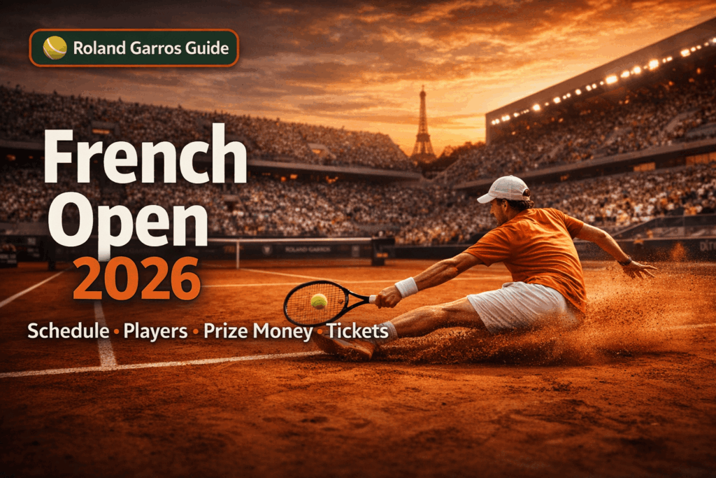 French Open 2026 Roland Garros clay court with player sliding, featuring schedule, players, prize money and tickets guide