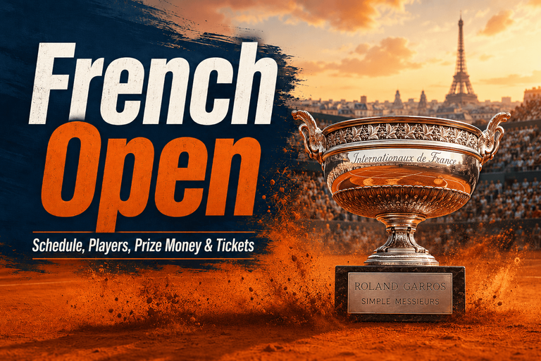 French Open trophy at Roland Garros with clay court, Paris skyline and Eiffel Tower background