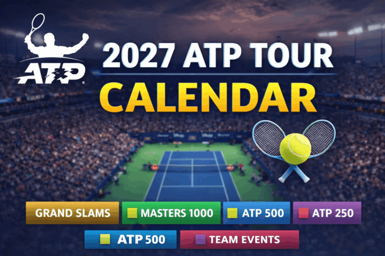 2027 ATP Tour calendar showing the full men's tennis tournament schedule including Grand Slams, Masters 1000, ATP 500 and ATP 250 events.