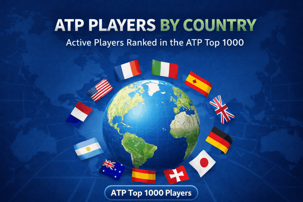 ATP players by country graphic showcasing a world map with flags representing nations whose players are ranked in the ATP top 1000.
