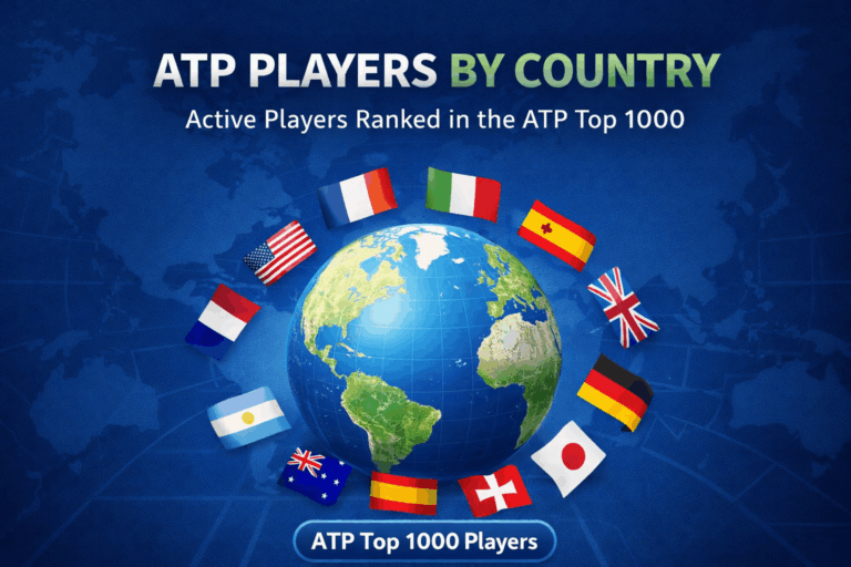 ATP players by country graphic showing a world map with flags representing nations with tennis players ranked inside the ATP top 1000.