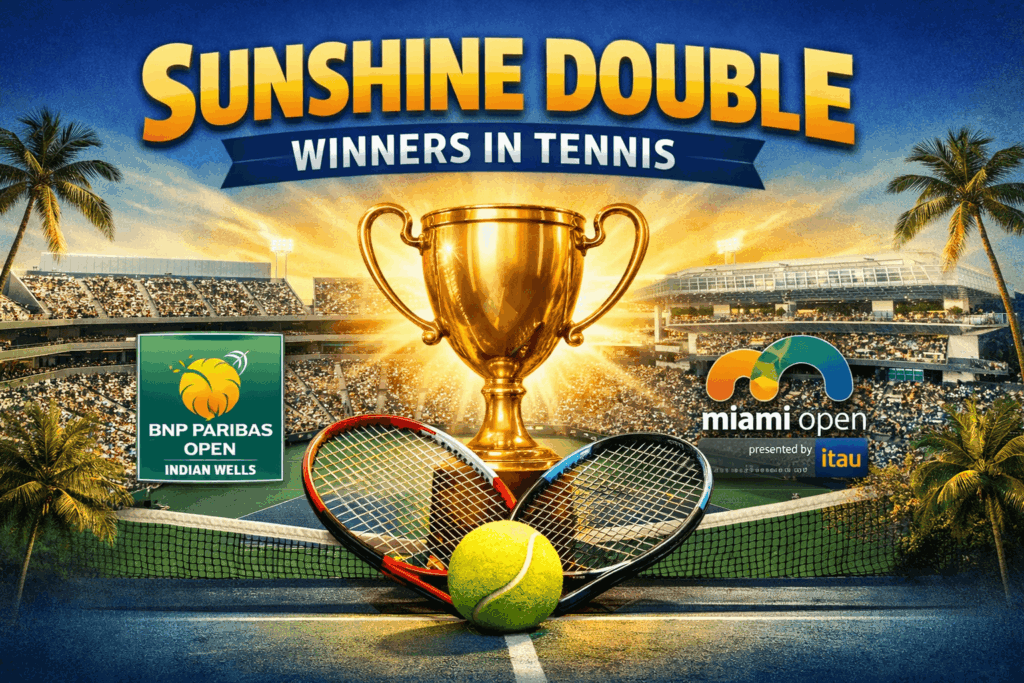 Image showcasing the trophies and courts of Indian Wells and Miami Open