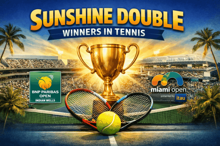 Featured image for Sunshine Double winners in tennis showing Indian Wells and Miami Open trophies and courts
