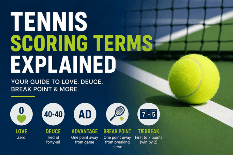 Tennis scoring terms explained including love, deuce, advantage, break point and tiebreak on a tennis court background.