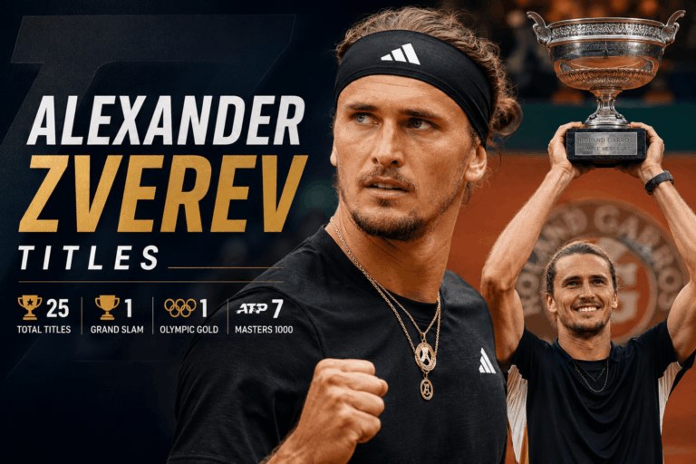 Alexander Zverev titles graphic showing the German tennis player with a trophy and career title statistics.