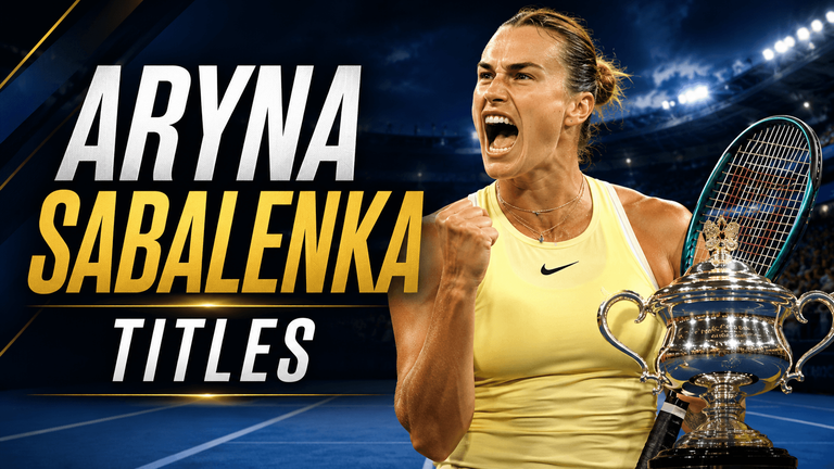 Aryna Sabalenka celebrating with a tennis trophy