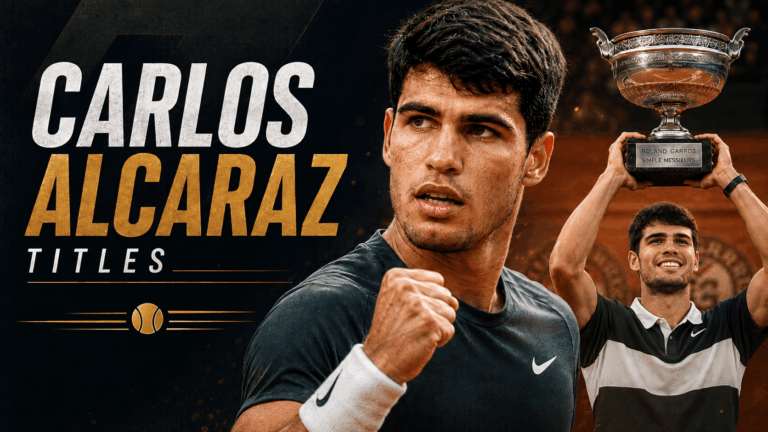 Carlos Alcaraz titles graphic showing the Spanish tennis player celebrating with a trophy.