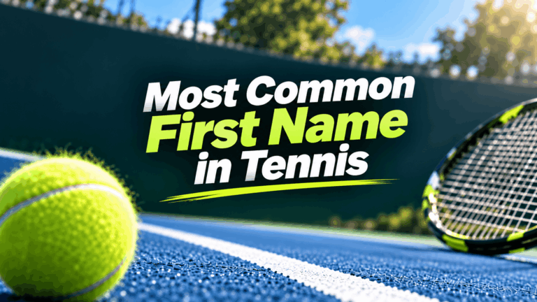 Tennis ball and racket on a court with the text Most Common First Name in Tennis