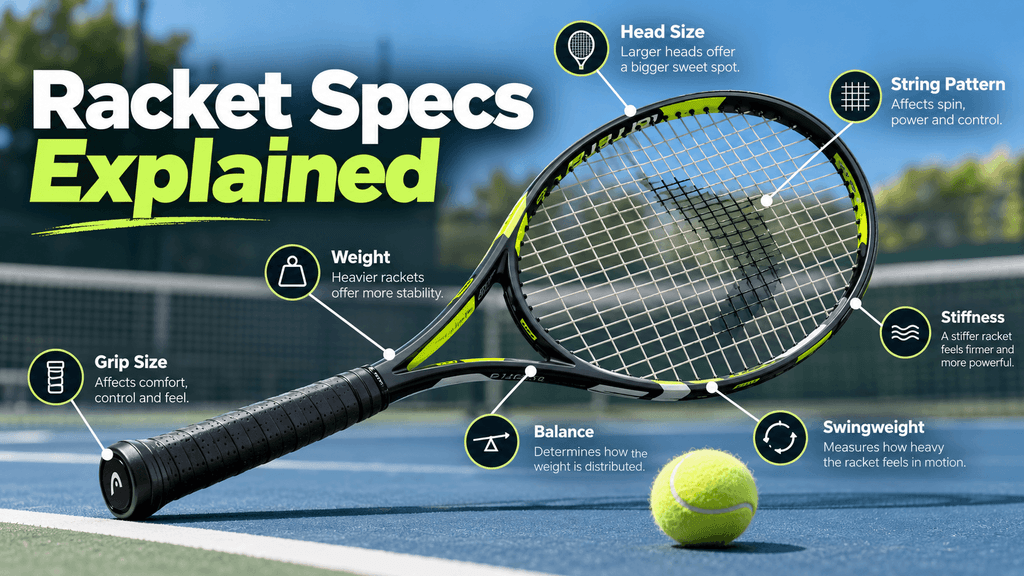 Tennis racket with callouts explaining head size, weight, balance, swingweight, stiffness, string pattern and grip size