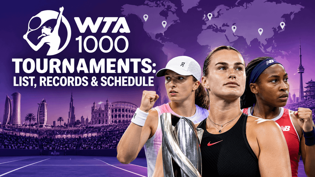 WTA 1000 tournaments guide featuring female tennis players, a tennis court and tournament locations around the world.