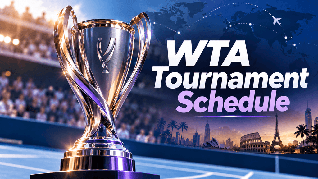 WTA tournament schedule graphic featuring a tennis trophy and global tournament locations