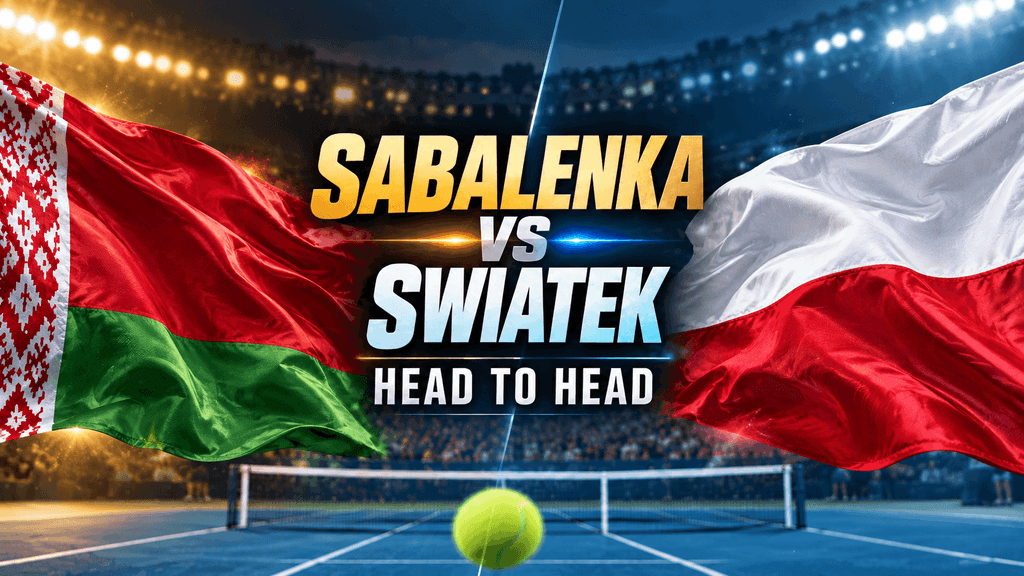 Sabalenka vs Swiatek head-to-head graphic with Belarus and Poland flags on a tennis court
